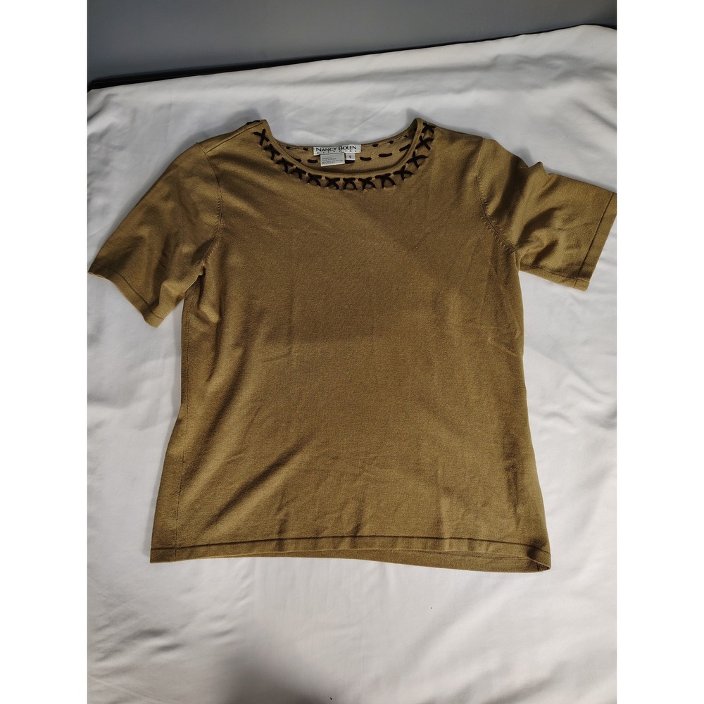 Nancy Bolen City Girl Almond Silk Blend Knit Short Sleeve Sweater Top Small‎